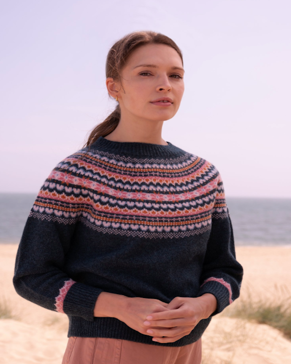 QUINTON CHADWICK FAIRISLE JUMPER IN TEAL WITH AQUA, PINK AND GINGER