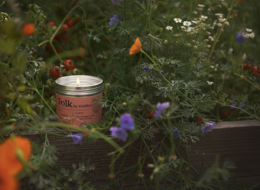 Candle labeled 'Folk' by Field Day in a garden setting with flowers and plants.