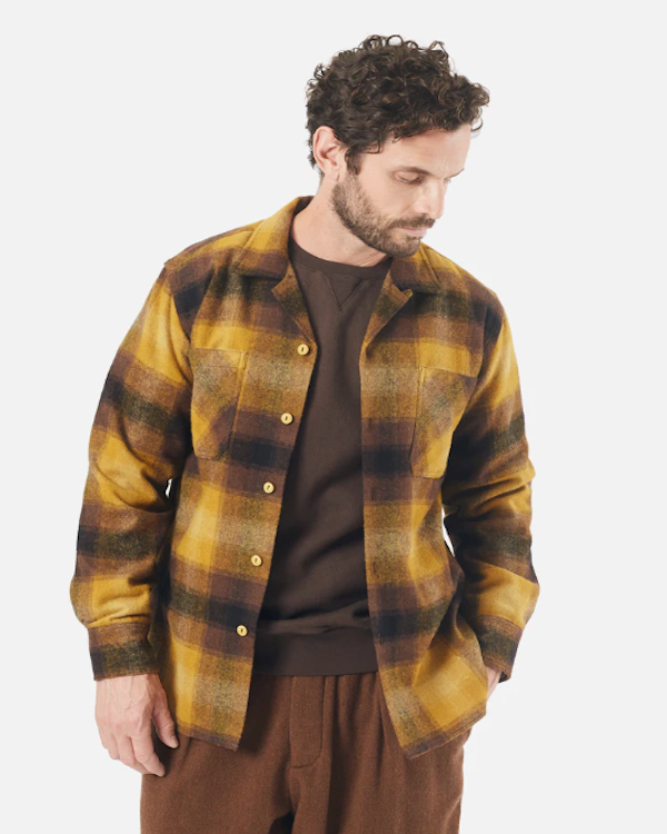 UNIVERSAL WORKS WORK SHIRT IN MUSTARD CHECK RECYCLED WOOL MIX FLANNEL