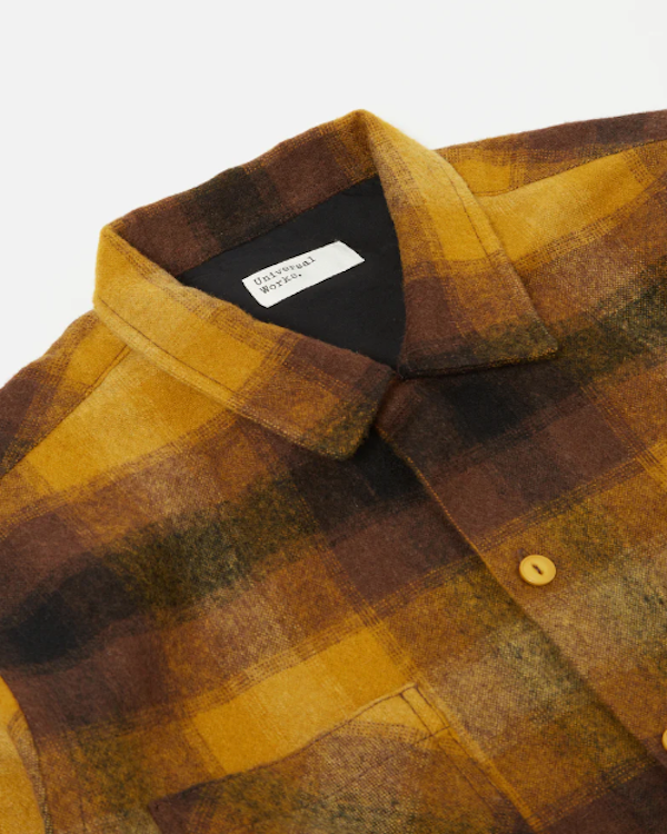 UNIVERSAL WORKS WORK SHIRT IN MUSTARD CHECK RECYCLED WOOL MIX FLANNEL