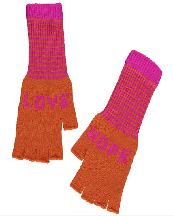 QUINTON CHADWICK FINGERLESS LOVE HOPE GLOVES IN ORANGE AND FUCHSIA PINK