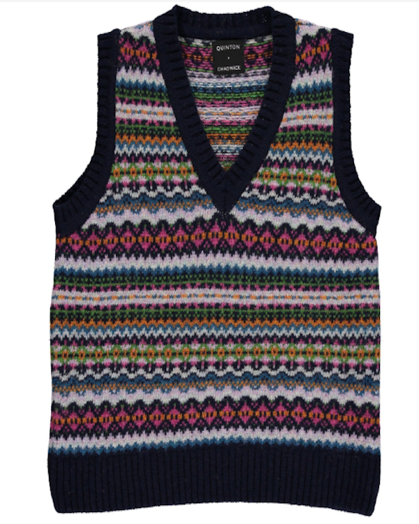 QUINTON CHADWICK FAIRISLE TANK IN NAVY WITH MULTI COLOURED PINK AND GREEN DETAILING