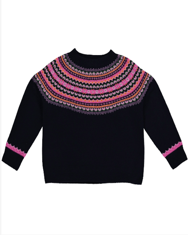 QUINTON CHADWICK FAIRISLE JUMPER IN NAVY WITH PINKS AND ORANGE