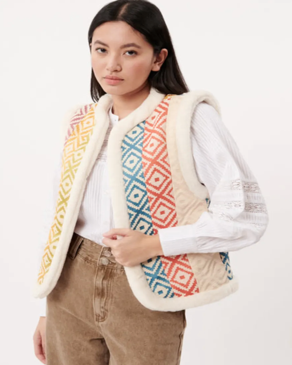 FRNCH EMBROIDERED GILET WITH FAUX FUR TRIM
