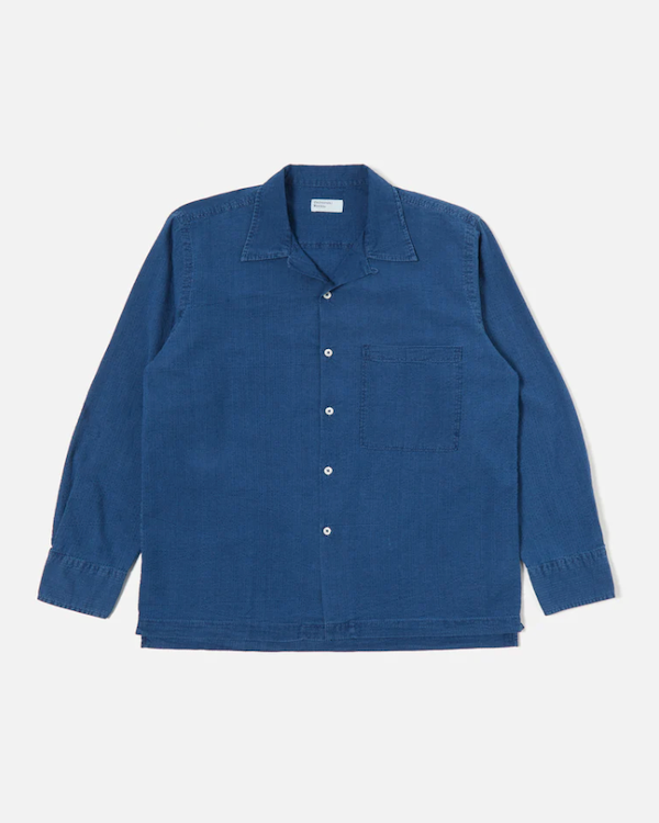 UNIVERSAL WORKS LONG SLEEVE CAMP SHIRT II IN WASHED INDIGO SEERSUCKER