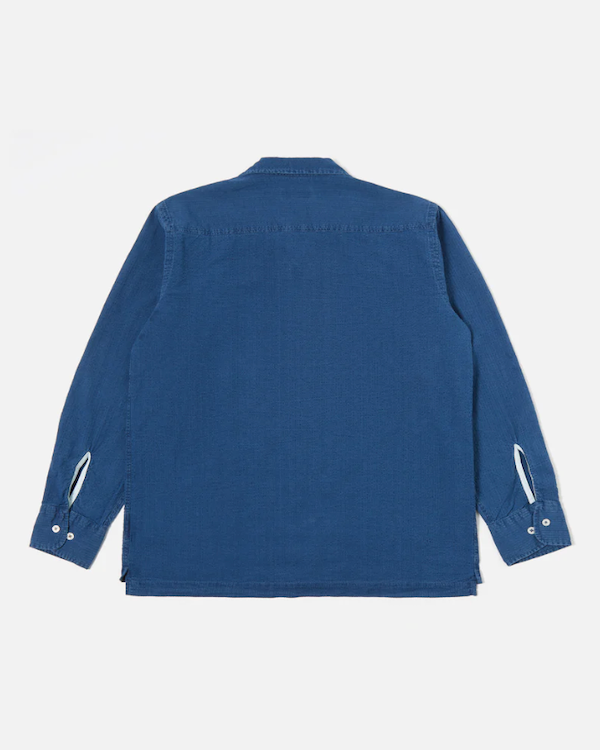 UNIVERSAL WORKS LONG SLEEVE CAMP SHIRT II IN WASHED INDIGO SEERSUCKER