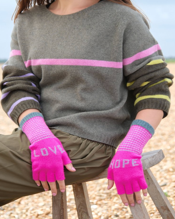 QUINTON CHADWICK FINGERLESS LOVE HOPE GLOVES IN EXOTIC PINK AND SEAWEED