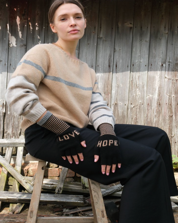 QUINTON CHADWICK FINGERLESS LOVE HOPE GLOVES IN BLACK & TAUPE & GREY