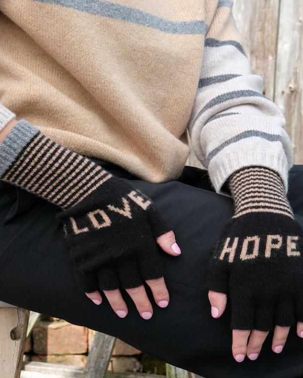 QUINTON CHADWICK FINGERLESS LOVE HOPE GLOVES IN BLACK & TAUPE & GREY