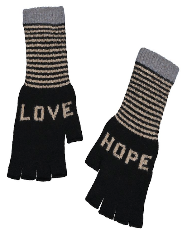 QUINTON CHADWICK FINGERLESS LOVE HOPE GLOVES IN BLACK & TAUPE & GREY