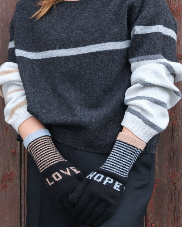 QUINTON CHADWICK LOVE HOPE GLOVES IN BLACK & TAUPE & GREY