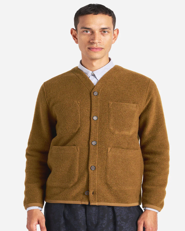 UNIVERSAL WORKS CARDIGAN IN MUSTARD WOOL FLEECE