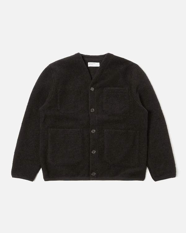 UNIVERSAL WORKS CARDIGAN IN BLACK WOOL FLEECE