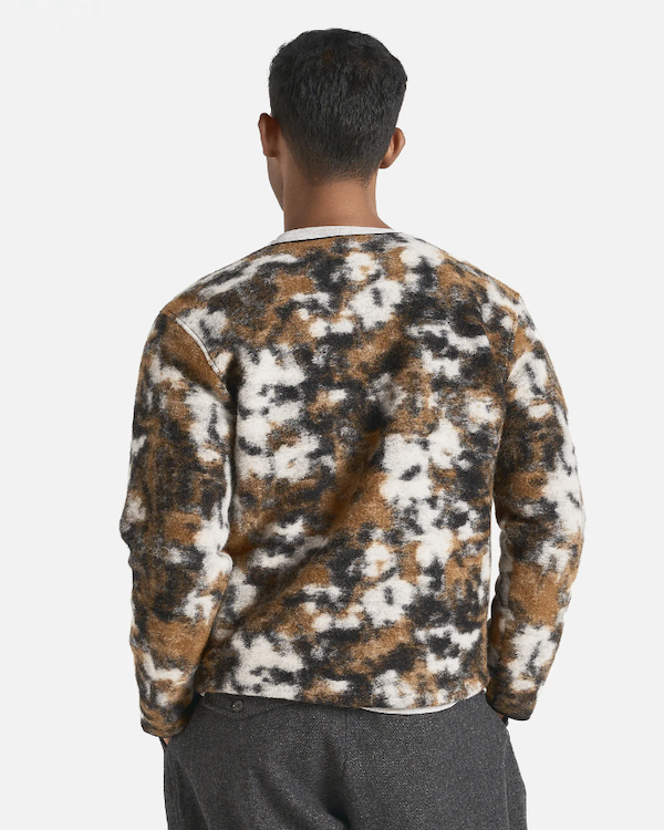 UNIVERSAL WORKS ZIP LINER JACKET IN BROWN YLANG FLOWER FLEECE