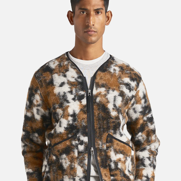 UNIVERSAL WORKS ZIP LINER JACKET IN BROWN YLANG FLOWER FLEECE