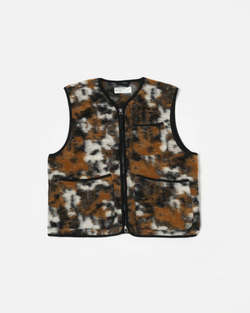 UNIVERSAL WORKS ZIP GILET IN BROWN YLANG FLOWER MOUNTAIN FLEECE