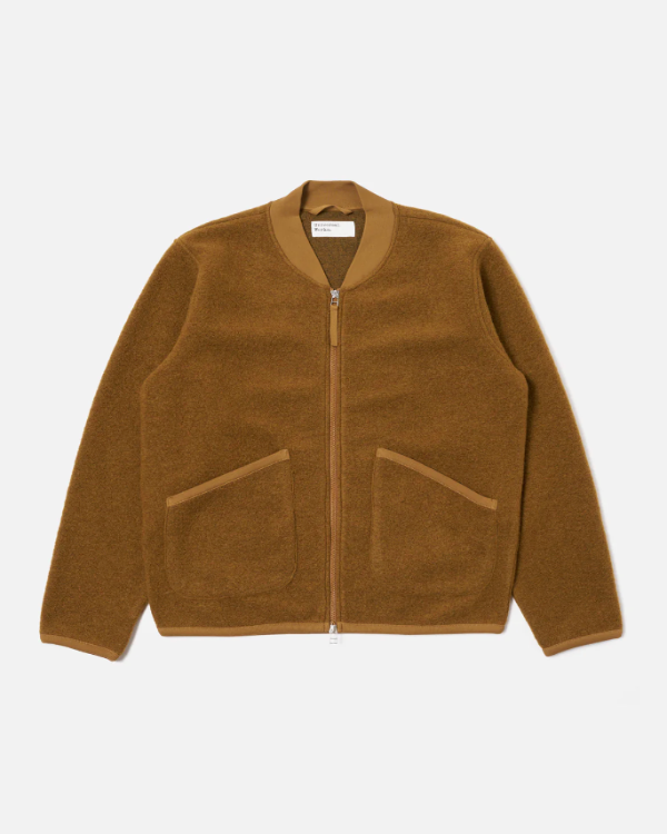 UNIVERSAL WORKS ZIP BOMBER IN MUSTARD WOOL FLEECE 