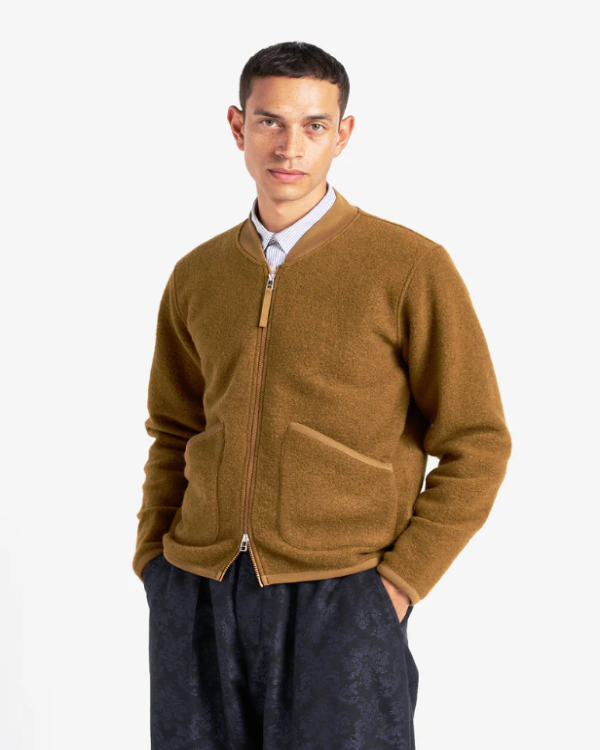 UNIVERSAL WORKS ZIP BOMBER IN MUSTARD WOOL FLEECE