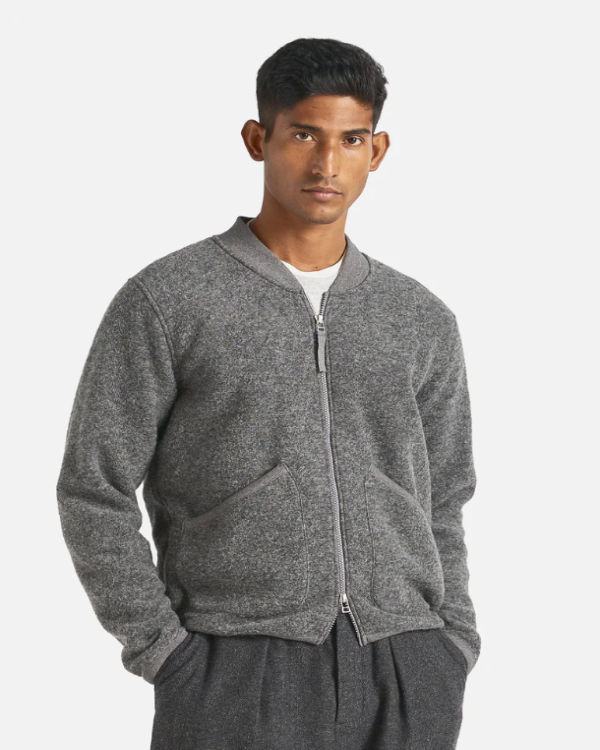 UNIVERSAL WORKS ZIP BOMBER IN GREY MARL WOOL FLEECE