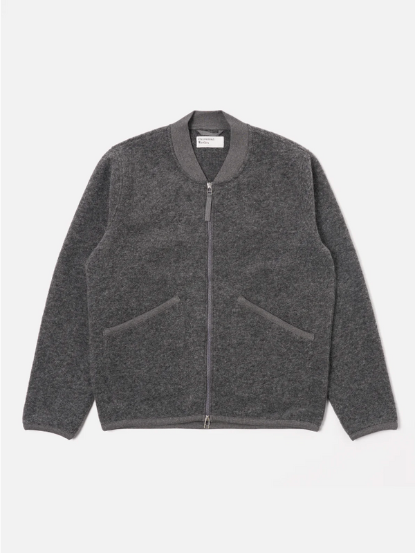 UNIVERSAL WORKS ZIP BOMBER IN GREY MARL WOOL FLEECE