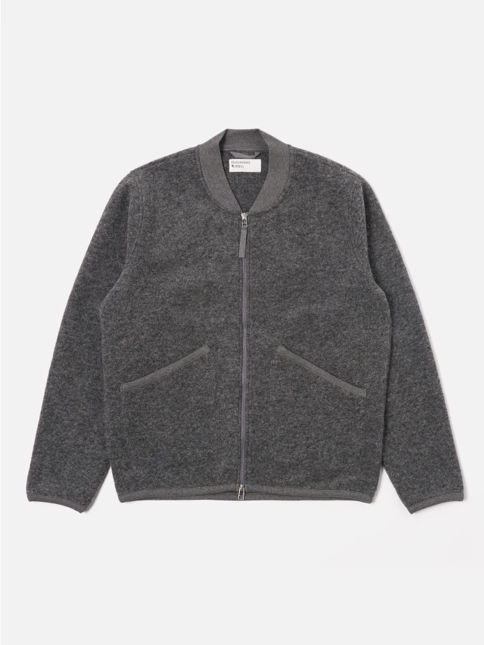 UNIVERSAL WORKS ZIP BOMBER IN GREY MARL WOOL FLEECE