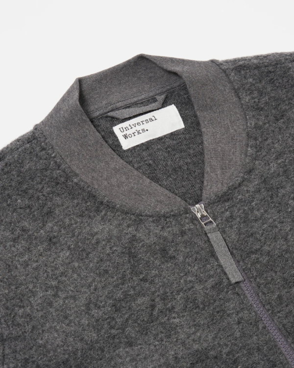 UNIVERSAL WORKS ZIP BOMBER IN GREY MARL WOOL FLEECE