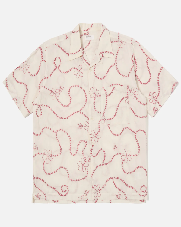 UNIVERSAL WORKS CAMP SHIRT IN ECRU TERRACOTTA KANTHA COTTON