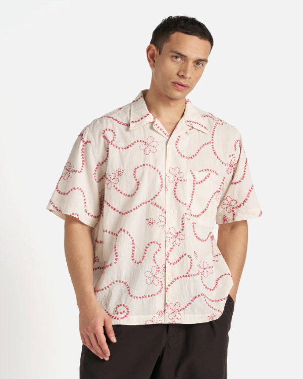 UNIVERSAL WORKS CAMP SHIRT IN ECRU TERRACOTTA KANTHA COTTON