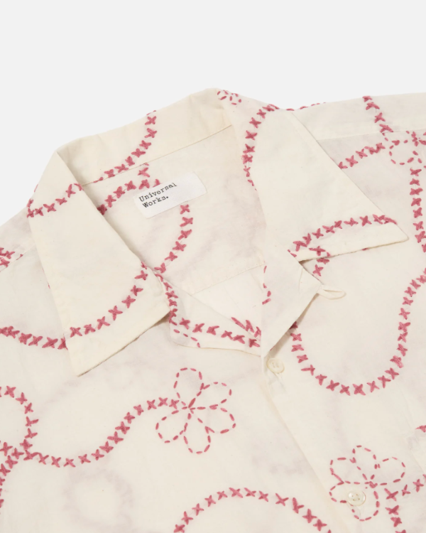 UNIVERSAL WORKS CAMP SHIRT IN ECRU TERRACOTTA KANTHA COTTON