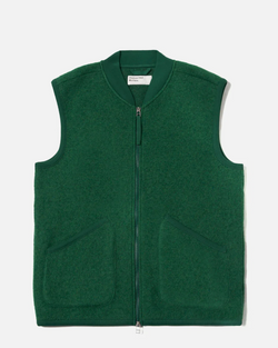 UNIVERSAL WORKS ZIP WAISTCOAT IN GREEN WOOL FLEECE