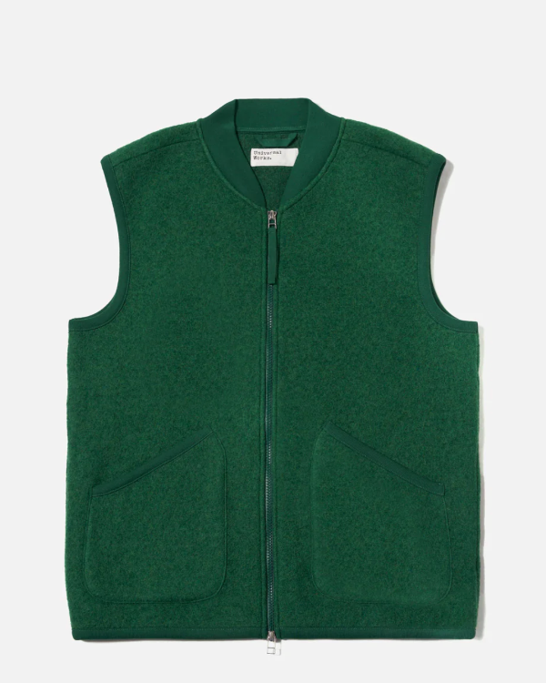 UNIVERSAL WORKS ZIP WAISTCOAT IN GREEN WOOL FLEECE