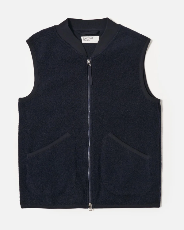 UNIVERSAL WORKS ZIP WAISTCOAT IN NAVY WOOL FLEECE