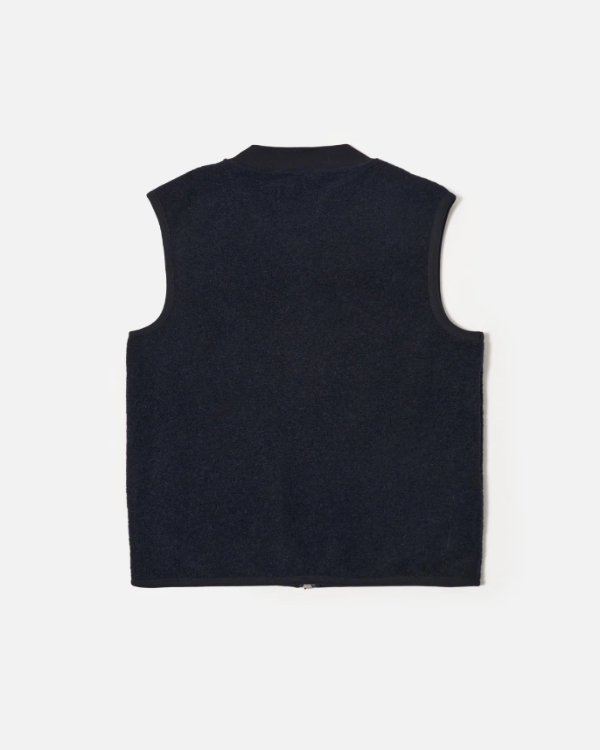 UNIVERSAL WORKS ZIP WAISTCOAT IN NAVY WOOL FLEECE