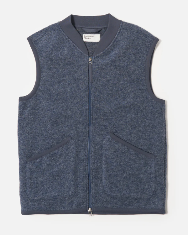UNIVERSAL WORKS ZIP WAISTCOAT IN SLATE BLUE WOOL FLEECE