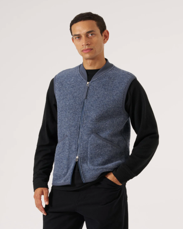 UNIVERSAL WORKS ZIP WAISTCOAT IN SLATE BLUE WOOL FLEECE