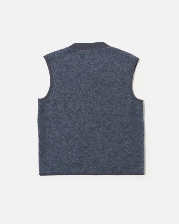 UNIVERSAL WORKS ZIP WAISTCOAT IN SLATE BLUE WOOL FLEECE