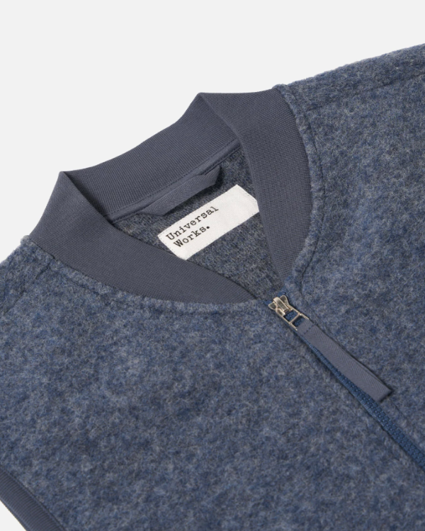 UNIVERSAL WORKS ZIP WAISTCOAT IN SLATE BLUE WOOL FLEECE
