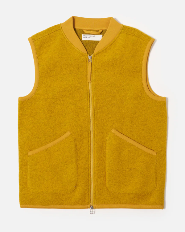 UNIVERSAL WORKS ZIP WAISTCOAT IN YELLOW WOOL FLEECE