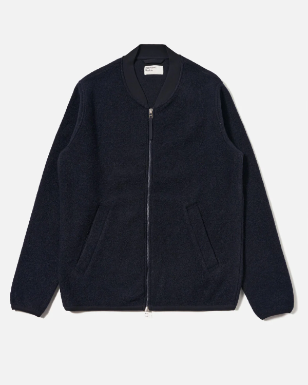 UNIVERSAL WORKS ZIP BOMBER IN NAVY WOOL FLEECE
