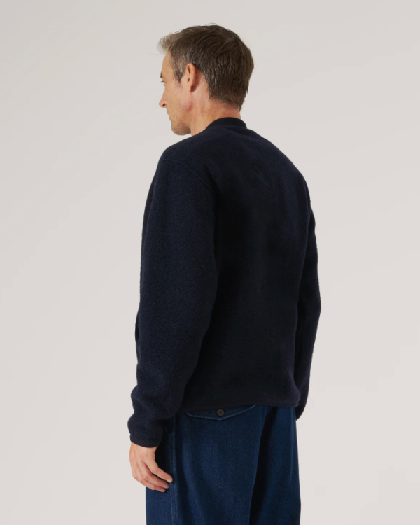 UNIVERSAL WORKS ZIP BOMBER IN NAVY WOOL FLEECE