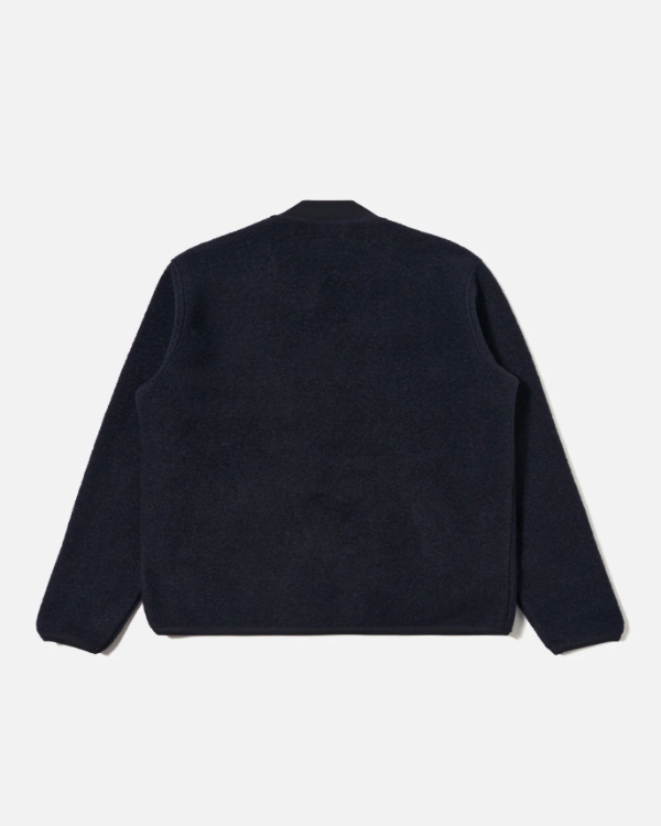 UNIVERSAL WORKS ZIP BOMBER IN NAVY WOOL FLEECE