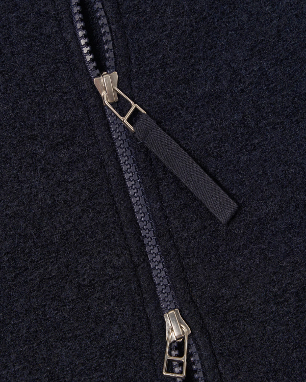 UNIVERSAL WORKS ZIP BOMBER IN NAVY WOOL FLEECE