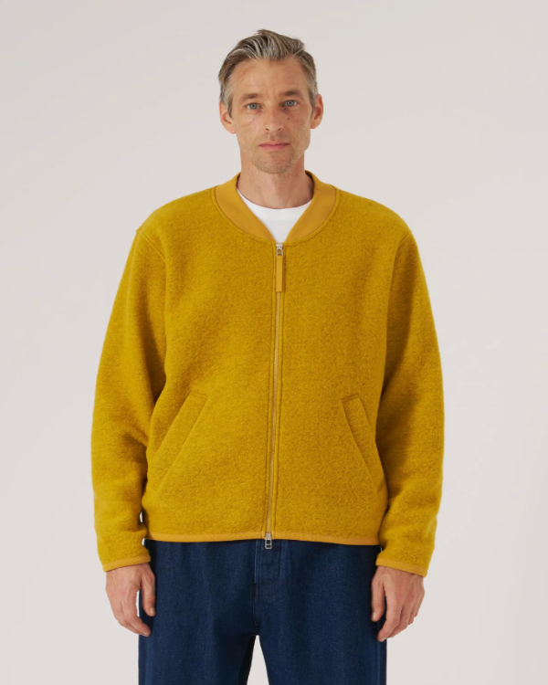 UNIVERSAL WORKS ZIP BOMBER IN YELLOW WOOL FLEECE