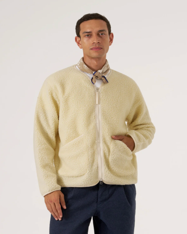 UNIVERSAL WORKS ZIP LINER JACKET IN ECRU GALAXY FLEECE