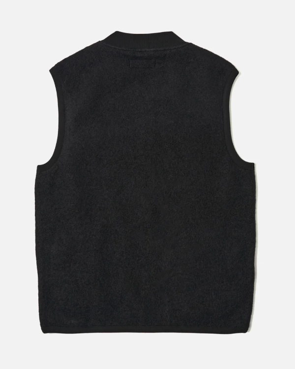 UNIVERSAL WORKS ZIP WAISTCOAT IN BLACK WOOL FLEECE