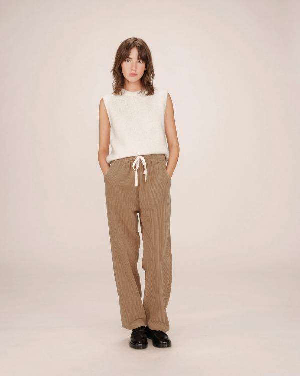 GRACE & MILA TAUPE CORDUROY RELAXED FIT TROUSERS