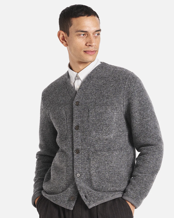 UNIVERSAL WORKS CARDIGAN IN GREY MARL WOOL FLEECE