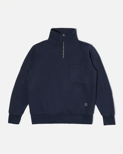 UNIVERSAL WORKS HALF ZIP SWEATSHIRT IN NAVY DRY HANDLE LOOPBACK