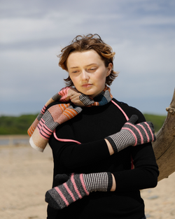 QUINTON CHADWICK TUCK STITCH STRIPED MITTENS IN WOODLAND COLOURS 