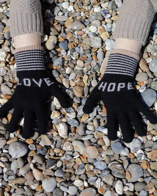 QUINTON CHADWICK LOVE HOPE GLOVES IN BLACK AND GREY PEBBLE COLOURS Media 1 of 2